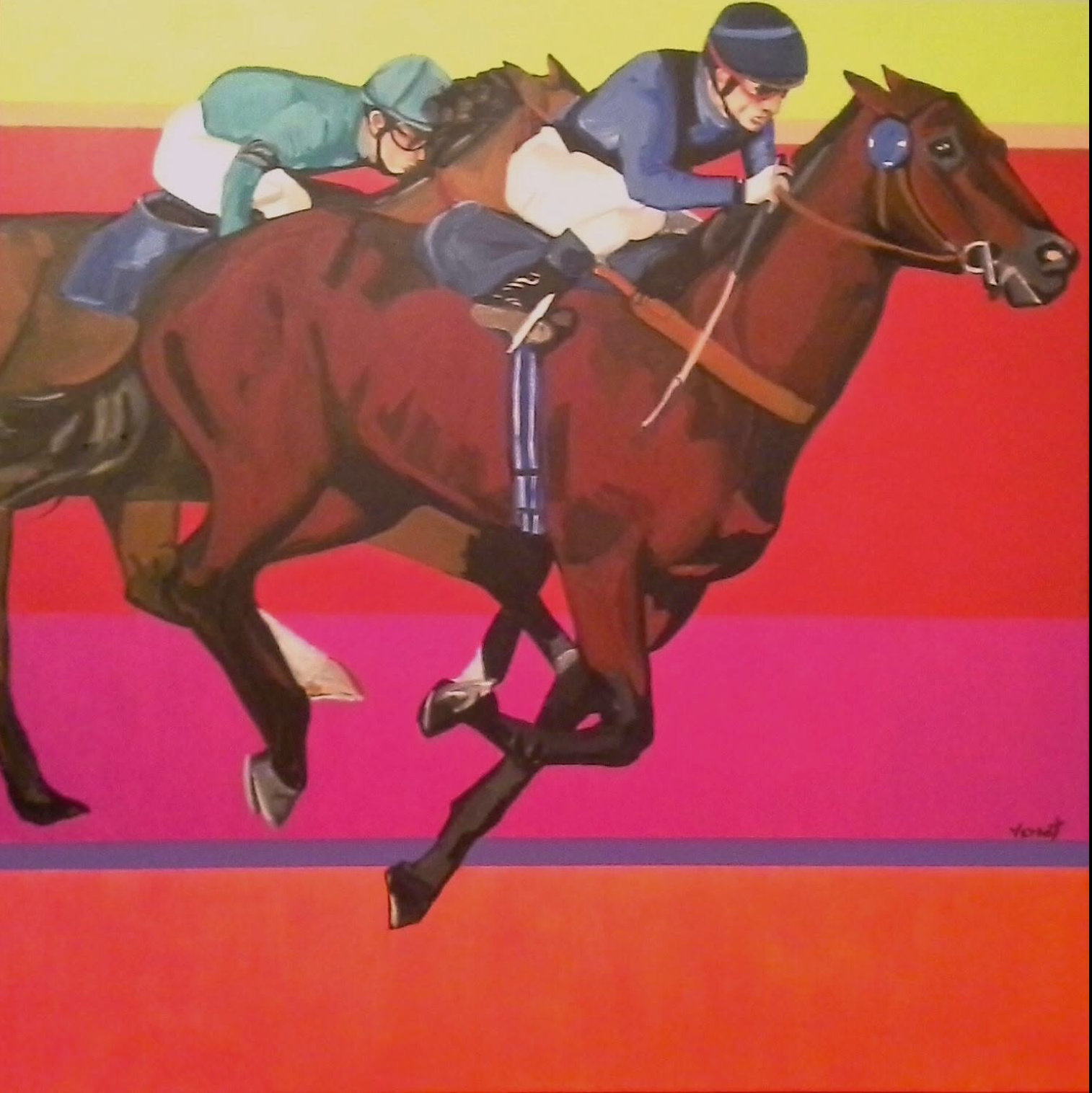 Caballos y jinetes en plena carrera, obra de Luti Vernet