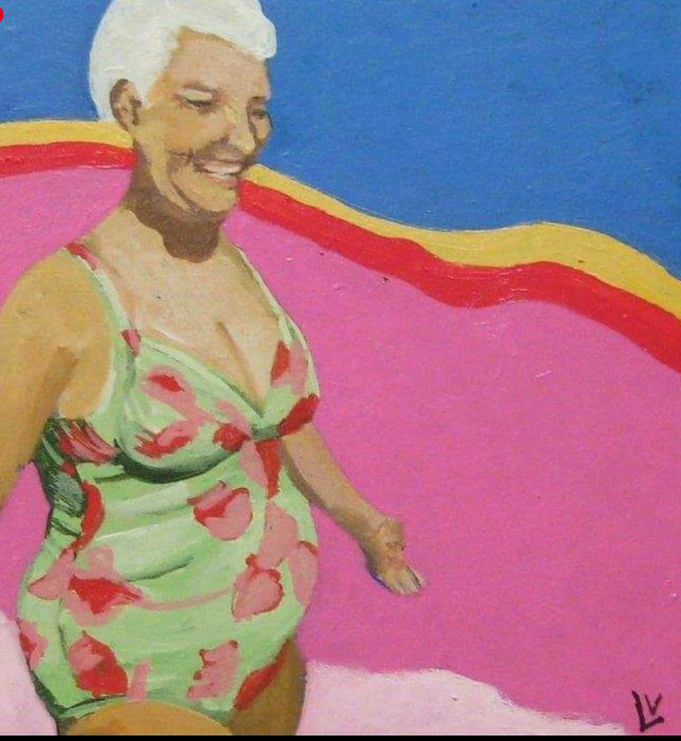 Mujer sonriente en una pileta rosa, obra de Luti Vernet